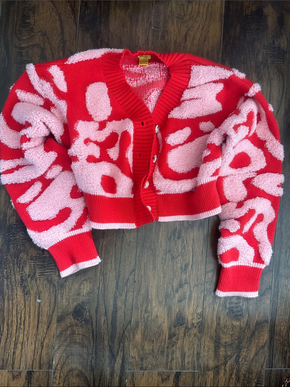 Daisy Coral Red and Pale Pink Cropped Textured Cardigan